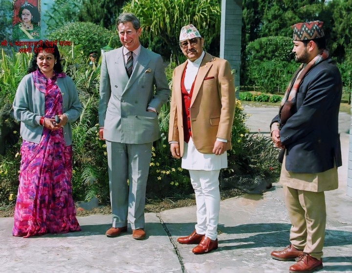 King and Queen of Nepal accompanied by H.R.H. The Crown Prince of Nepal with The Prince of Wales in Pokhara on February 8,1998.